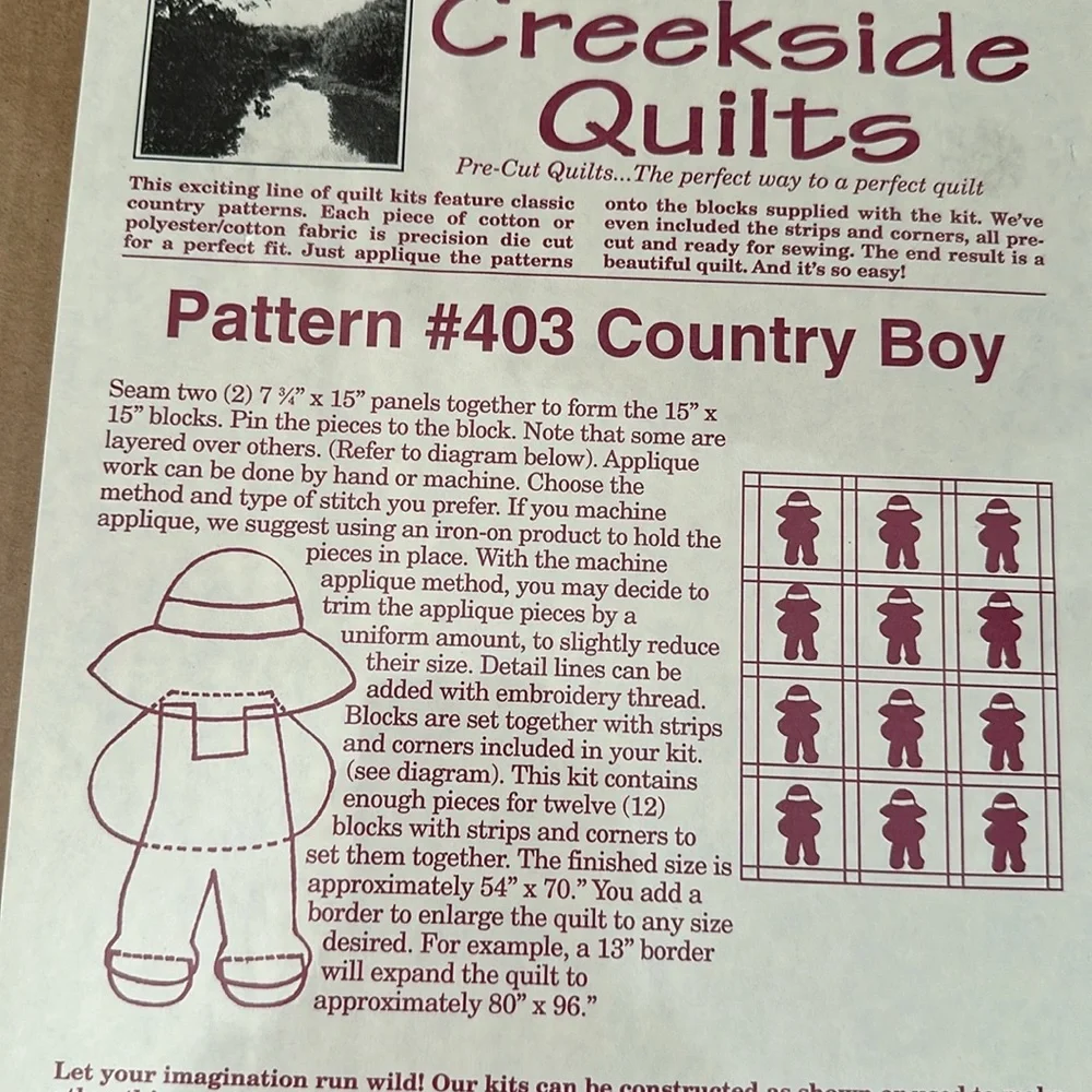 Creekside Quilts Pattern #403 Country Boy Precision die cut pieces just sew